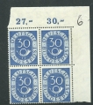 1951Germany-SG#1054-30pf-Blue-Posthorn-Block-of-4-MNH-Top-Right-Corner-Block