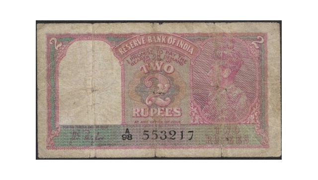 1943-Two-Rupees-Bank-Note-of-J.B-Taylor-of-KG-VI.