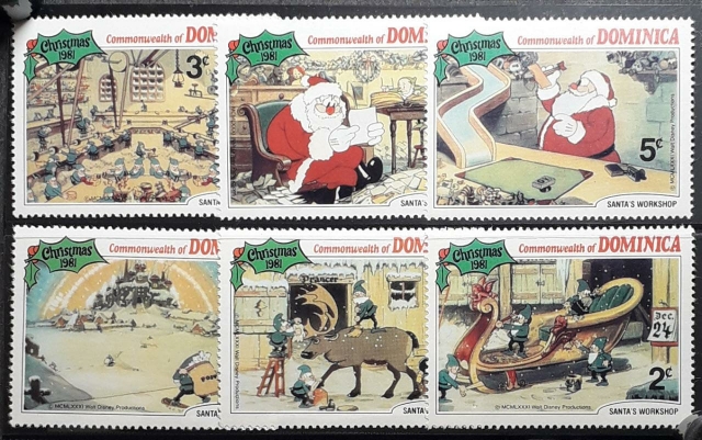 Dominica-Santa-Workshop-Christmas-Set-of-6-Stamps-1981-in-Disney-Series-MNH.