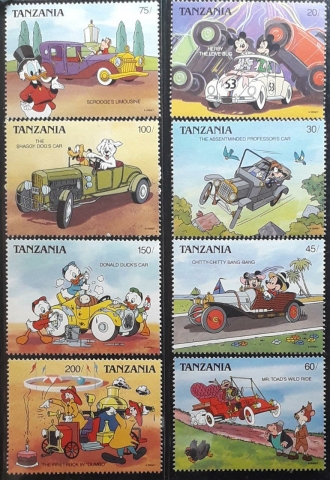 Tanzania-Disney-Complete-Cars-Set-of-8-Stamps-In-Disney-Series-1990,-MNH.