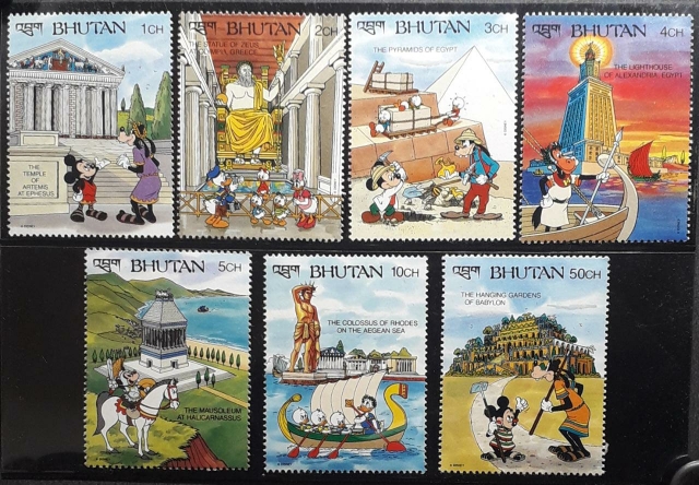 Bhutan-Seven-Wonders-of-the-World-Set-of-7-Stamps-in-Disney-Series-1991-MNH.-