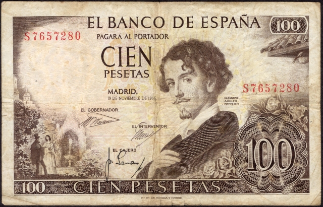 1965-One-Hundred-Pesetas-Bank-Note-of-Spain.