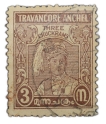 Postal-Stamp-of-Travancore-State---White-&-Brown-Colour-3-Chukrams---Used-Condit